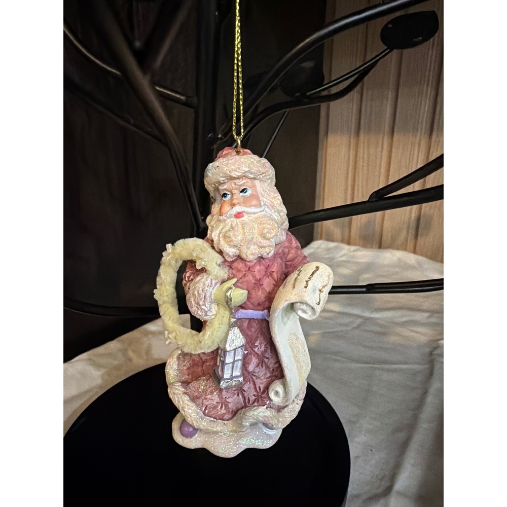 Vintage Style Pink Santa Claus Christmas Ornament Glitter Wreath Scroll 4 Inch